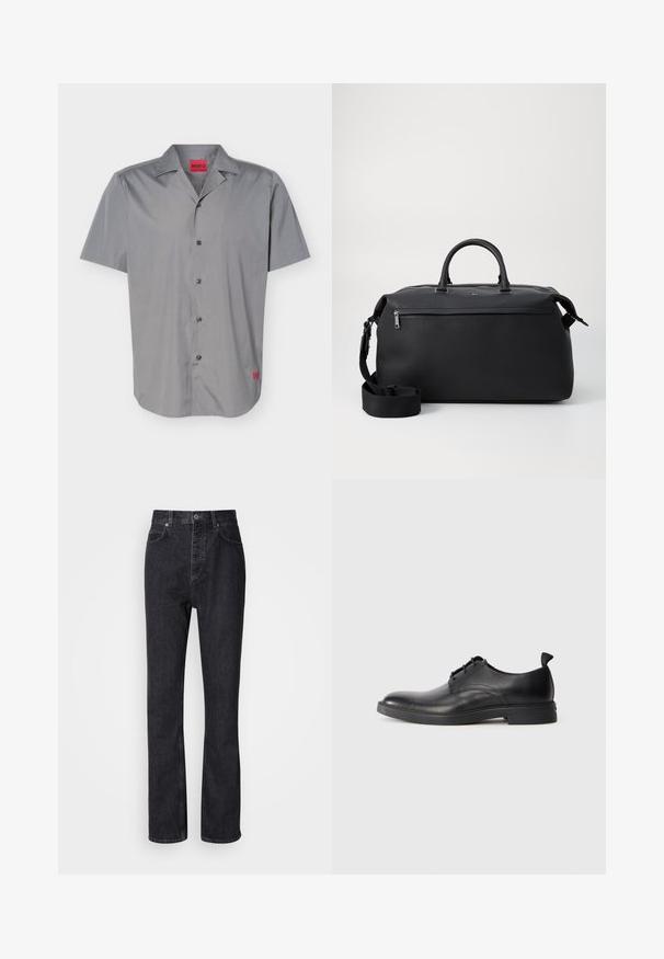 Camisa de hombre gris de manga corta con botones, cuello, cinco botones negros y etiquetas rojas de la marca Hugo en el cuello y el dobladillo.; Jeans de mezclilla negros de cintura alta con cierre de botón y cremallera, bolsillos frontales y traseros, y corte recto.; Zapato de vestir para hombre de cuero negro con cierre de cordones y tira en el talón, mostrado en perfil lateral sobre un fondo blanco liso.; Bolsa de viaje de cuero negro con dos asas superiores, una correa de hombro desmontable y un bolsillo frontal con cremallera para almacenamiento adicional.