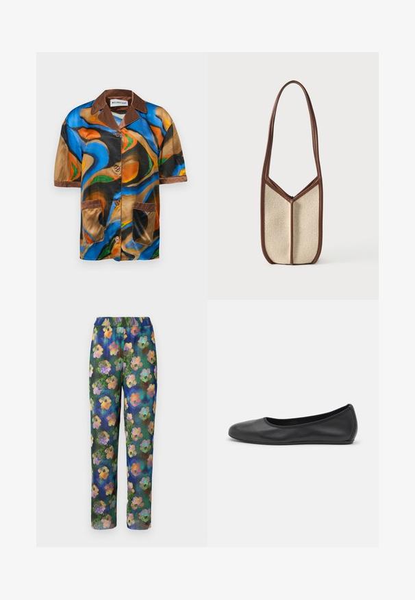 Kortebloes met korte mouwen in meerkleurige satijn, featuring abstracte spiraalpatronen, bruine kraag en zakrand, en knoopsluiting aan de voorkant.; Bloemmotief broek met een geribbelde textuur, elastische tailleband en een groene, blauwe achtergrond met kleurrijke bloemenpatronen doorheen.; Zwarte leren ballerina met een ronde neus, gladde textuur, minimale stikdetails en een flexibele zoolontwerp.; Beige schoudertas met textuur, voorzien van donkerbruine leren biezen en een lange riem, rechtopstaand tegen een effen lichte achtergrond.
