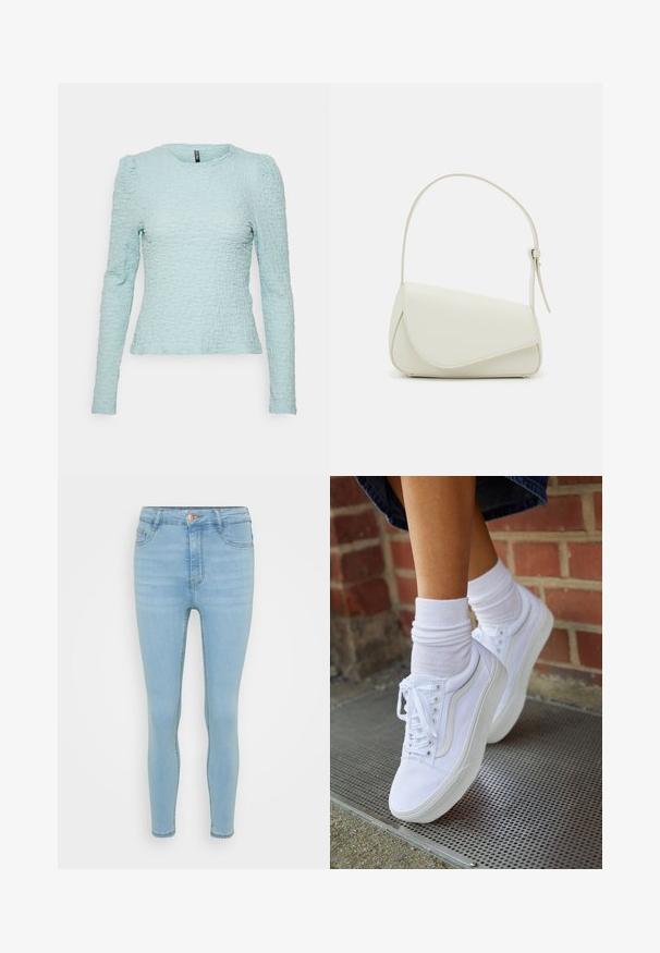 Pieces MOCK NECK BC - Blusa - airy blue; Vaqueros skinny de denim azul claro con una cintura alta, que cuentan con un cierre frontal de botón y cremallera, cinco bolsillos y un ligero desgastado.; Zapatillas de lona blancas con suelas de goma, que presentan seis ojales, puntera redonda y detalles de costura ligera, combinadas con calcetines blancos hasta el tobillo.; Bolso de mano de imitación cuero blanco con una forma triangular estructurada, correa ajustable única y cierre con solapa acentuada en curva.