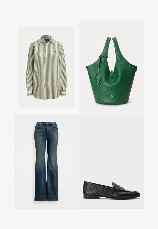 Chemise à boutons à rayures vertes et blanches, tissu en coton, manches longues, col classique, logo bleu marine sur la poitrine gauche, poignets unis.; Jean en denim bleu évasé avec taille haute, comportant cinq poches et des accents de couture. Le tissu a une texture décolorée classique.; Mocassin en cuir noir avec une finition texturée, doté d'une sangle décorative et d'un talon plat. Design épuré et minimal avec un bout arrondi.; Sac cabas en cuir texturé vert avec doubles poignées, un petit logo à l'avant et une étiquette suspendue sur un fond uni.