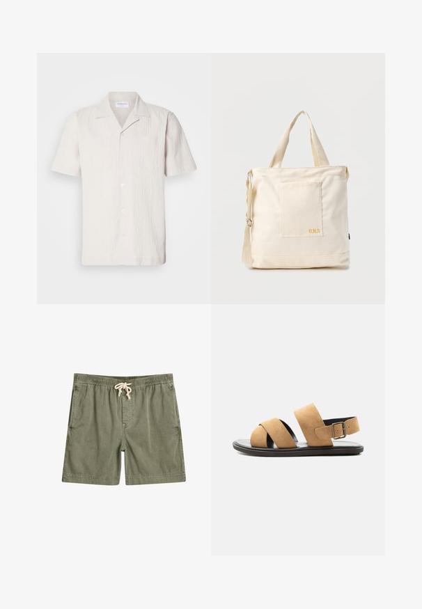 Kortærmet, lys beige skjorte med tekstureret stof, skrå krave og to brystlommer, der har knaplukning foran.; Olivengrønne shorts lavet af blødt stof, med en elastisk talje og snor, to sidelommer og en afslappet pasform.; Herre sennepsfarvet ruskindssandal med to brede remme, sort sål og justerbar rem med spænde om hælen, vist på hvid baggrund.; Kremfarvet lærredstote-taske med frontlomme, to håndtag, justerbar skulderrem og lille gul "O.N.S" tekst i nederste højre hjørne af lommen.