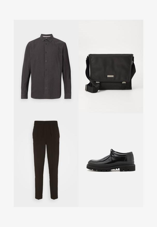 Langärmliges Hemd mit Knöpfen im dunklen Karomuster. Verfügt über einen klassischen Kragen, eine Brusttasche und schwarze Knöpfe. Hergestellt aus leichtem Stoff.; Schwarze, lange, schmal zulaufende Hose aus einem weichen, glatten Material. Mit einem elastischen Bund und einem Kordelzug für eine verstellbare Passform.; Schwarze Leder-Derby-Schuhe mit einem eleganten Design, runder Zehenpartie und rutschfester Gummisohle mit tiefen Rillen für besseren Halt.; Schwarze Umhängetasche aus Nylon mit matter Oberfläche. Verfügt über einen Klappenverschluss, einen verstellbaren Trageriemen und eine kleine Metall-Logo-Platte.