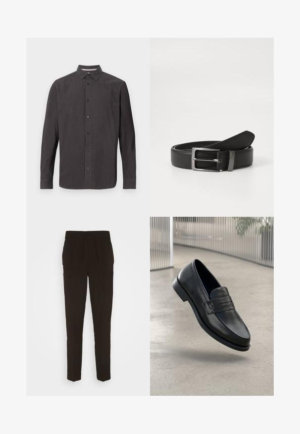 Langärmliges Hemd mit Knöpfen im dunklen Karomuster. Verfügt über einen klassischen Kragen, eine Brusttasche und schwarze Knöpfe. Hergestellt aus leichtem Stoff.; Schwarze, lange, schmal zulaufende Hose aus einem weichen, glatten Material. Mit einem elastischen Bund und einem Kordelzug für eine verstellbare Passform.; Schwarzer Lederloafer mit glatter Textur, spitzer Zehe und einem dekorativen Riemen über dem Rist. Leichte Sohle, minimalistisches Design.; Schwarzer Ledergürtel mit einer silbernen Metallschnalle, der eine glatte Oberfläche und ein klassisches Design aufweist. Der Gürtel ist ordentlich gefaltet.