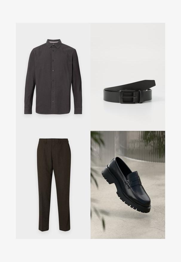 Langärmliges Hemd mit Knöpfen im dunklen Karomuster. Verfügt über einen klassischen Kragen, eine Brusttasche und schwarze Knöpfe. Hergestellt aus leichtem Stoff.; Braune maßgeschneiderte Hosen mit geradem Bein, die über eine glatte Textur, Gürtelschlaufen und seitliche Taschen verfügen. Eignen sich für formelle Anlässe.; Schwarze Lederloafer mit einer robusten profilierten Sohle, ausgestattet mit einem dekorativen Riemen und einer Stichdetail. Glatte Textur mit einem polierten Finish.; Schwarzer Leder Gürtel mit einer mattschwarzen Metallschließe, ausgestattet mit einer glatten Textur und einfachem Design. Verstellbare Länge mit zulaufendem Ende.