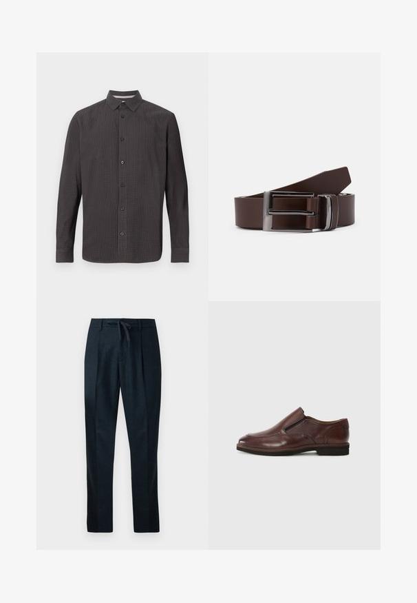Langärmliges Hemd mit Knöpfen im dunklen Karomuster. Verfügt über einen klassischen Kragen, eine Brusttasche und schwarze Knöpfe. Hergestellt aus leichtem Stoff.; Marineblaue Hose aus strukturiertem Stoff, mit einem Kordelzugbund, geraden Beinen und zwei vorderen Falten für eine maßgeschneiderte Optik.; Braune Leder-Slipper mit runder Zehenpartie, elastischen seitlichen Akzenten und einer niedrigen Gummisohle. Verfügt über dezente Steppnähte entlang des Randes.; Brauner Ledergürtel mit einer silbernen Metallschnalle, ausgestattet mit einer glatten Textur und einem eleganten, rechteckigen Design. Einfach und funktionell.