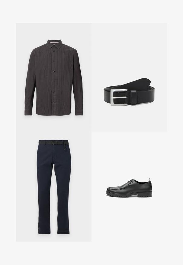Chemise à manches longues à carreaux sombres. Présente un col classique, une poche avant et des boutons noirs. Fabriquée en tissu léger.; Pantalon bleu marine à coupe droite, réalisé en tissu durable. Doté d'une ceinture noire et d'un design simple sans motifs.; Chaussures en cuir noir avec une finition lisse, bout arrondi et coutures décoratives. Elles possèdent une semelle en caoutchouc avec des rainures de traction et un laçage.; Ceinture en cuir noir avec une texture lisse, boucle rectangulaire en argent et une boucle pour l'extrémité. Présente des coutures soignées le long des bords.