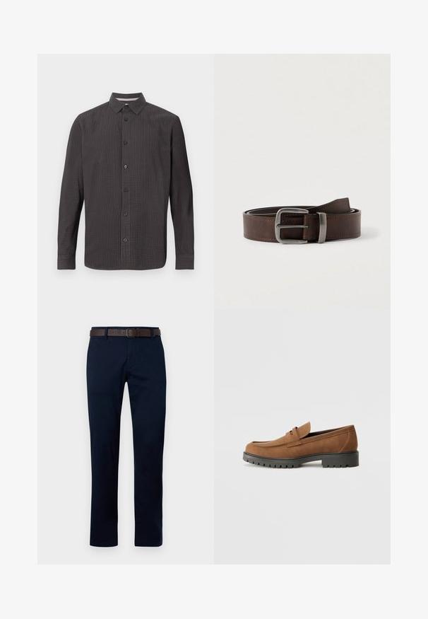 Chemise à manches longues à carreaux sombres. Présente un col classique, une poche avant et des boutons noirs. Fabriquée en tissu léger.; Pantalon bleu marine à coupe droite, en coton. Dispose d'une ceinture en cuir marron et d'un design simple sans motifs ni accents.; Mocassins en daim marron avec un bout arrondi et une semelle noire en caoutchouc basse, présentant une sangle décorative et des détails de couture sur le dessus.; Ceinture en cuir marron foncé avec une boucle rectangulaire en argent, enroulée et placée sur un fond clair et neutre.