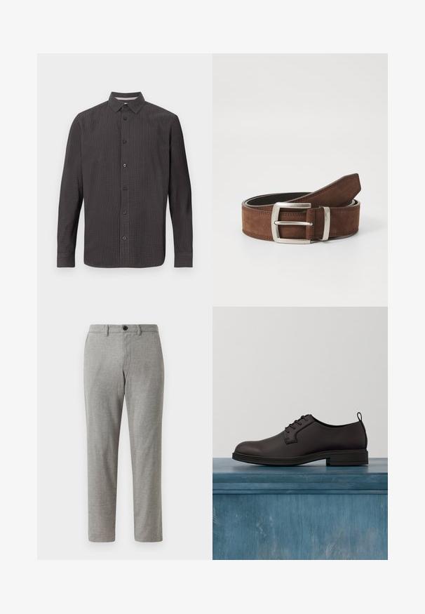 Langärmliges Hemd mit Knöpfen im dunklen Karomuster. Verfügt über einen klassischen Kragen, eine Brusttasche und schwarze Knöpfe. Hergestellt aus leichtem Stoff.; Graue gewebte Hose mit geradem Schnitt, ausgestattet mit einem Knopfverschluss und Gürtelschlaufen; glatte Textur und leichter Stoff für legere Anlässe.; Dunkelbrauner Lederschuh mit glatter Oberfläche, Schnürdesign, abgerundetem Zeh und niedriger schwarzer Gummisohle. Akzentuiert mit einer hinteren Zuglasche.; Brauner Wildledergürtel mit einer silbernen Metallschnalle und linienförmigem Stitching-Detail. Der Gürtel ist flach und hat eine klassische Breite und Form.