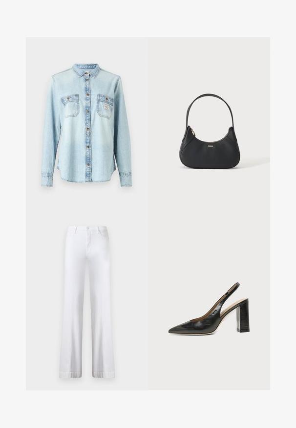Chemise en jean bleu clair à manches longues, devant à boutons, deux poches poitrine et détails de couture contrastants.; Jean larges blancs à taille haute, dotés d'une fermeture à bouton, d'un design à cinq poches et de ourlets retroussés. Fabriqués en tissu denim.; Chaussure slingback en cuir noir à bout pointu avec un talon bloc haut et une doublure intérieure beige sur un fond clair uni.; Sac à bandoulière en cuir noir avec une forme incurvée, fermeture éclair dorée et petit logo doré à l'avant, isolé sur fond clair.