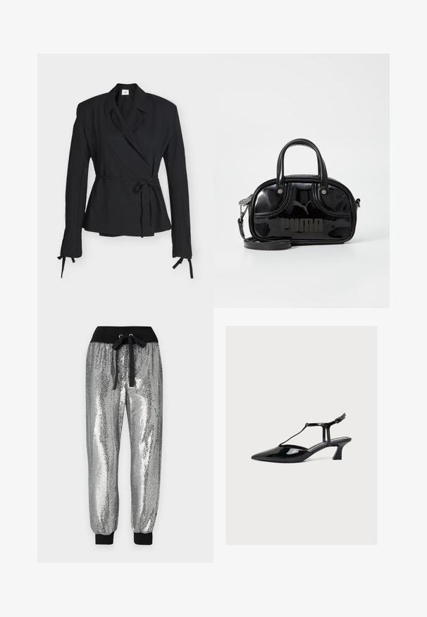 Blazer noir à manches longues avec col à revers et ceinture à la taille, avec liens aux poignets, présenté sur un fond blanc uni.; Pantalons jogger en sequins argentés avec une taille élastique noire, un cordon de serrage et des poignets noirs aux chevilles pour un ajustement fuselé.; Chaussure à talon bas en cuir verni noir, bout pointu, bride en T et fermeture à boucle sur fond clair neutre.; Sac à main en cuir verni noir avec des poignées supérieures doubles, une bandoulière amovible, une forme arrondie et un logo "PUMA" en relief bien visible.