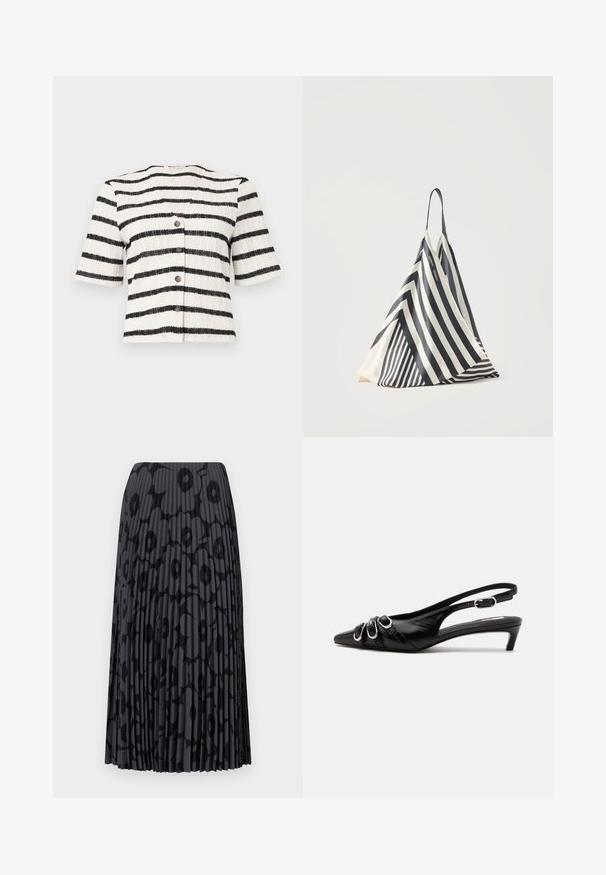 Cardigan à manches courtes, boutonné, en tricot texturé avec des rayures horizontales noires et blanches. Il comporte cinq boutons foncés sur le devant.; Jupe plissée noire avec un motif floral, fabriquée en tissu léger ; présente des rayures verticales et une taille élastique.; Chaussure slingback en cuir noir avec bout pointu, trois boucles argentées à l'avant et petit talon kitten sur fond blanc.; Sac en tissu triangulaire rayé noir et blanc avec une seule bandoulière, debout sur un fond clair uni.