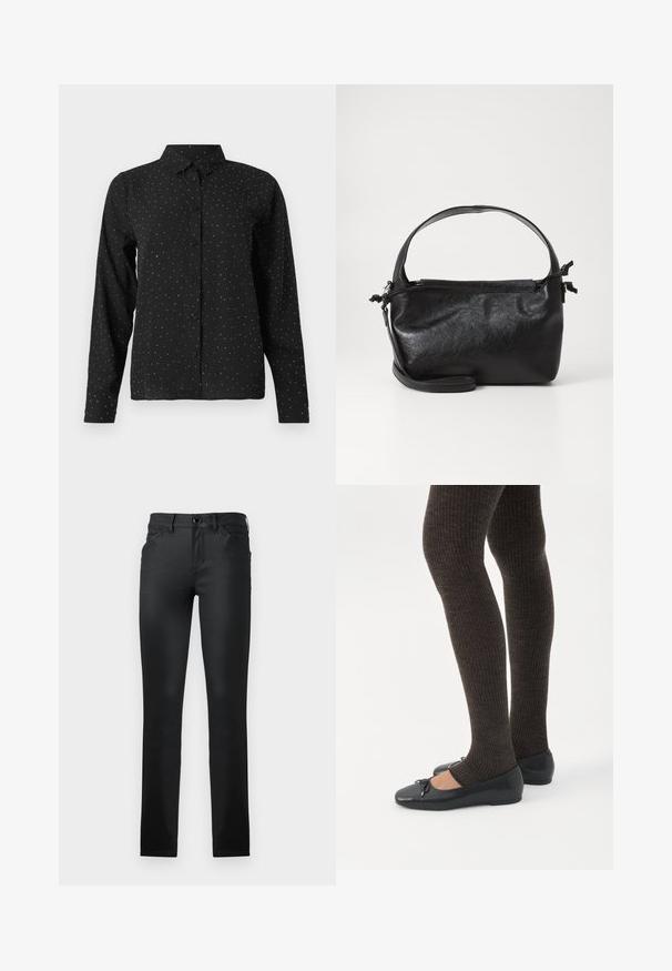Must have valge täppidega must pikkade varrukatega nööbiga särk klassikalise kraega, esitatud valge tausta peal.; TOM TAILOR TTLUCIE SKINNY FIT - Kitsa lõikega teksad - coated black denim; Jalad seljas tumedad soonelises soonelises kombines mustade baleriinadega, millel on väikesed paelade detailid valgel taustal.; Must mustrikujundusega must nahast käekott, ümarate pealmiste käepidemete ja eemaldatava õlalihaga. Omab siledat tekstuuri ja peent sära.