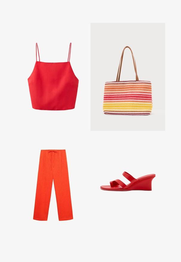 Rød crop top med tynde dobbelte spaghetti stropper og en lige halsudskæring, lavet af et glat stof.; Røde, vide bukser lavet af tekstureret stof med vertikale ribbninger og en elastisk talje med snor til justerbarhed.; Rød kilehæl sandal med to remme, åben tå og mellem hælhøjde, vist fra siden på en hvid baggrund.; Stribet vævet skuldertaske med horisontale orange, røde, gule og hvide striber og to lange brune læder skulderremme.