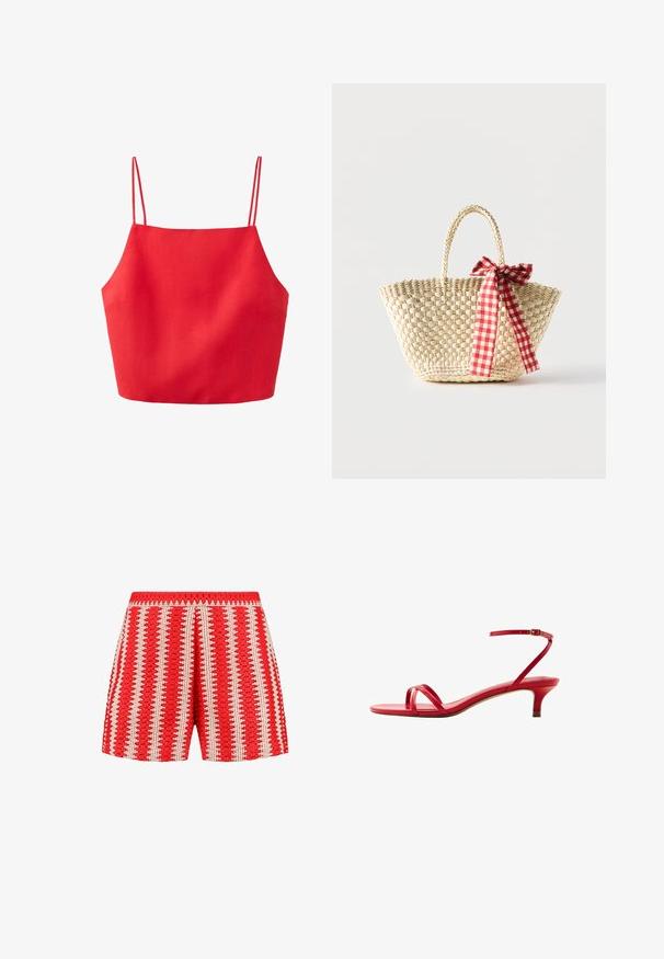 Rood cropped tanktop met dunne dubbele spaghettibandjes en een rechte halslijn, gemaakt van een gladde stof.; Rode shorts gemaakt van een gestructureerde stof met witte verticale strepen en een gekarteld patroon. Elastische tailleband en een losse pasvorm.; Rode leren sandaal met lage hak met dunne bandjes over de tenen en een enkelbandje met gesp, zijaanzicht op een witte achtergrond.; Gevlochten strooien tas met gevlochten handvatten en een rood-wit geruit lint dat aan één zijde in een strik is gebonden.