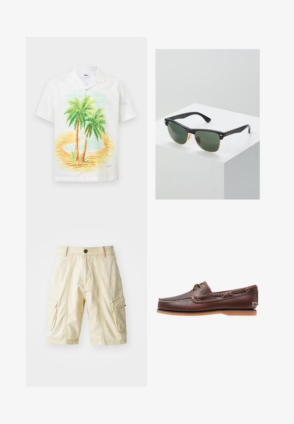 Weißes Kurzarm-Hemd mit Knöpfen und grünem Palmbaum-Design sowie einer Sandstrand-Szene auf der Vorderseite.; Knielange Cargo-Shorts aus leichtbeigem Stoff mit Knopfverschluss, zwei großen Seitentaschen und sichtbaren Nähdetails.; Brauner Leder-Bootsschuh mit weißen Nähten, Schnürdetails und hellbrauner Gummisohle, seitlich auf weißem Hintergrund gezeigt.; Ray-Ban Sonnenbrillen mit grünen Gläsern, schwarzen Kunststoffrahmen und goldenen Akzenten an den Rändern. Quadratische Form mit matter Oberfläche.