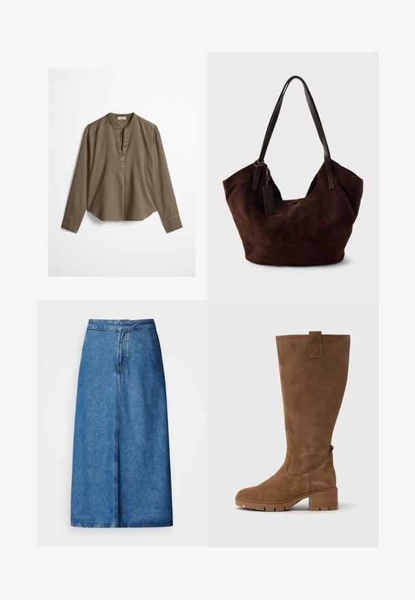 Braune, langärmelige, legere Bluse mit Stehkragen, vorderer Falte und leicht gewölbtem Saum, flach auf weißem Hintergrund ausgebreitet.; Jeans-Midirock mit entspanntem Schnitt, hoher Taille, ausgefranstem Saum und einfarbigem Blau. Schlichtes Design ohne sichtbare Verzierungen.; Tamaris Stiefel - brown; Braune Wildleder-Handtasche mit einer weichen, lässigen Form. Verfügt über Ledergriffe und einen Etikettenakzent. Schlichte Textur mit geschwungenen Nähten.