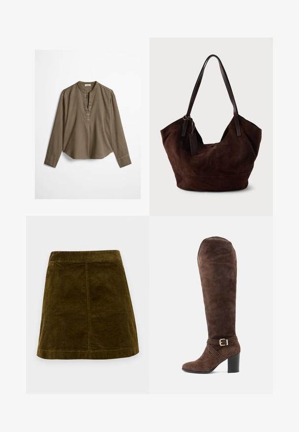 Brun langærmet casual bluse med mandarin-krave, frontplisse og let buet kant, lagt fladt på en hvid baggrund.; Brun kordfløjl mini skirt med lodrette ribber, lige snit og en ren kant. Har en simpel talje uden udsmykninger.; Brune ruskind over knæet støvle med rund tå, stablet hæl og en spændeaccent på en rem omkring anklen.; Brun ruskind taske med en blød, slouchy form. Har læderhåndtag og et tag-accent. Enkelt tekstur med buede sømme.