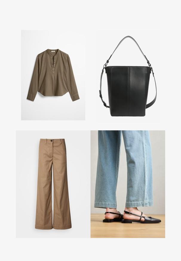 Bruine casual blouse met lange mouwen, mandarijnkraag, plooitje aan de voorkant en licht gebogen zoom, plat uitgestald op een witte achtergrond.; Wijde broek gemaakt van een gladde, tan stof. Voorzien van een sluiting met knoop aan de voorkant, riemlussen en zijzakken. Strakke lijnen zonder zichtbare patronen.; Zwarte leren slingback schoenen met een spitse neus, platte hak en enkelband; gedragen met lichtblauwe wijde jeans.; Zwarte leren bucketbag met twee verstelbare schouderbanden en minimale stiksel details op een effen achtergrond.