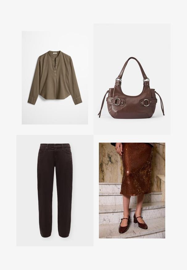 Bruine casual blouse met lange mouwen, mandarijnkraag, plooitje aan de voorkant en licht gebogen zoom, plat uitgestald op een witte achtergrond.; Donkerbruine rechte broek met knoop en rits aan de voorkant, riemlussen en zijzakken, weergegeven op een witte achtergrond.; Vrouw in een bruine pailletten midi-rok en donkere bruine crococodillen-huid Mary Jane hakken, staand op marmeren trappen.; Bruine leren handtas met ronde vorm, zilveren hardware, twee zijriemen en een gladde textuur. Beschikt over een enkele handgreep aan de bovenkant.
