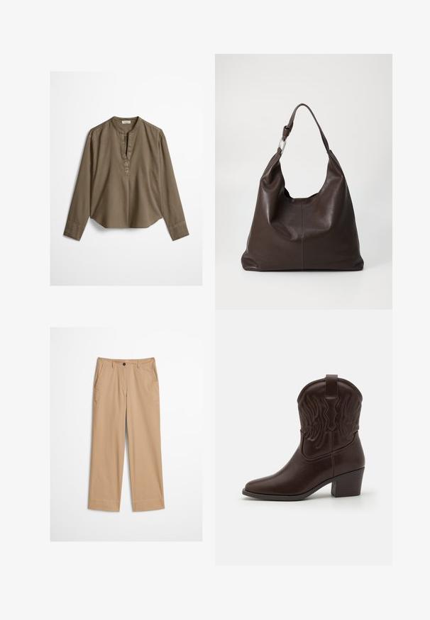 Brun langærmet casual bluse med mandarin-krave, frontplisse og let buet kant, lagt fladt på en hvid baggrund.; Beige bomuldsbukser med lige ben, knaplukning foran og en glat tekstur. Har standard bærestropper og flad frontdesign.; Brune læder cowboystøvler med spidse tæer, præget vinge mønster, en midhøj blokhæl og en pull-tab bagpå.; Zign LEATHER - Shopping bags - chocolate brown