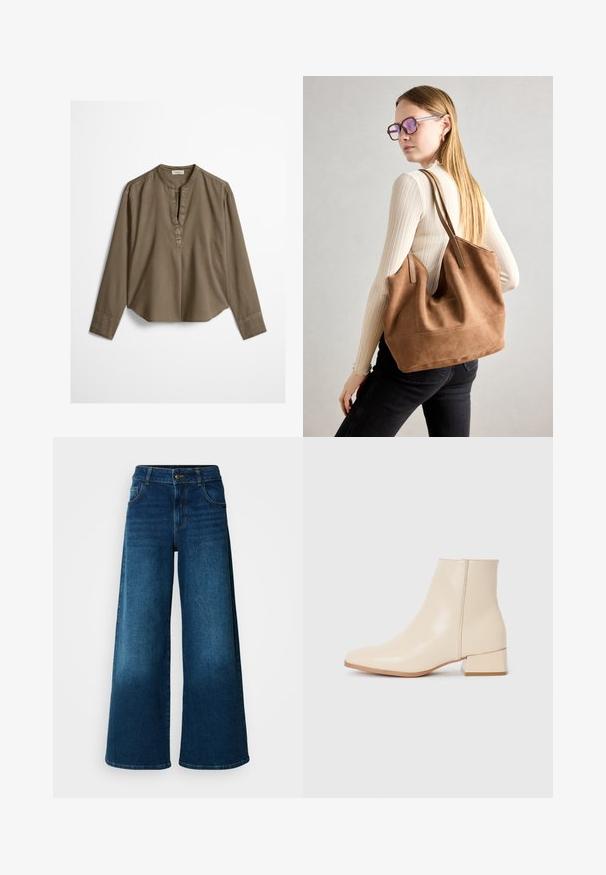 Brun langærmet casual bluse med mandarin-krave, frontplisse og let buet kant, lagt fladt på en hvid baggrund.; Viddejeans lavet af mørkeblå denim. Har høj talje, knaplukning og klassisk fem-lomme design med subtile falme.; Beige ankelstøvler lavet af glat læder med spids tå, kort skaft og en lav kvadratisk hæl. Minimalistisk design uden synlige udsmykninger.; Brun ruskind tote taske med blød tekstur, stor åbning og lange stropper. Har et enkelt design med synlige syninger og ingen hardware.