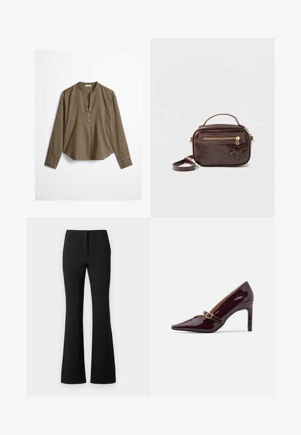 Bruine casual blouse met lange mouwen, mandarijnkraag, plooitje aan de voorkant en licht gebogen zoom, plat uitgestald op een witte achtergrond.; Zwarte wijde broek van gladde stof, met een voorplooi, riemlussen en een getailleerde pasvorm. Eenvoudig ontwerp zonder zichtbare patronen.; Patente bordeaux hoge hak schoen met puntige neus, enkelsluitle met gouden hardware en een strakke, gepolijste afwerking. Verhoogde stiletto hak.; Donkerbruine rechthoekige leren crossbodytas met een bovenste handvat, een voorvak met ritssluiting en een bloemenvormige leren hanger aan de ritstrekker.