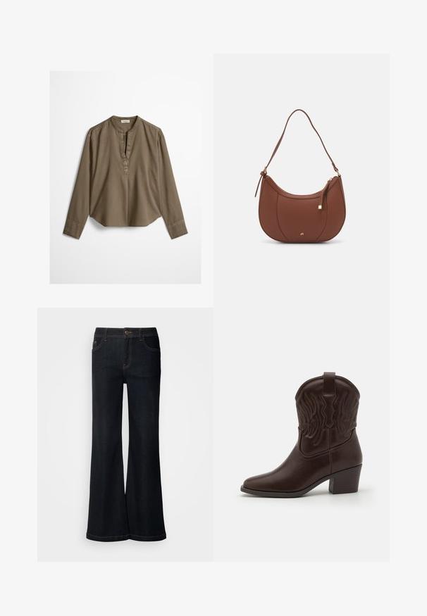 Bruine casual blouse met lange mouwen, mandarijnkraag, plooitje aan de voorkant en licht gebogen zoom, plat uitgestald op een witte achtergrond.; Mos Mosh MMDARA DELUXE JEANS - Relaxed fit jeans - dark blue; Bruine leren cowboylaarzen met spitse neuzen, geperste vleugelpatronen, een blokhak van gemiddelde hoogte en een lus aan de achterkant.; Bruine faux leren schoudertas met een gebogen vorm, minimale stiksels en een gouden hardware-accent. Voorzien van een bovenste ritsluiting en een verstelbare schouderband.
