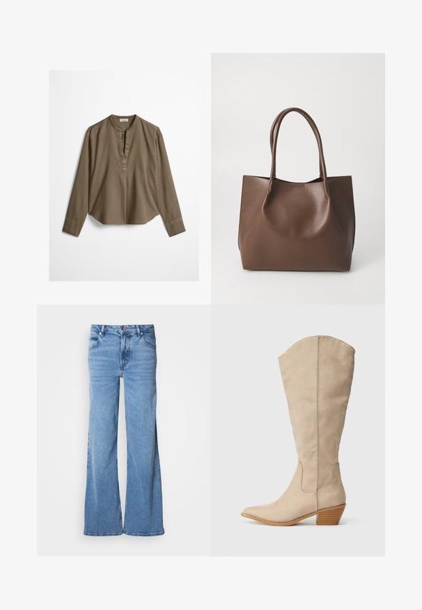 Brun langærmet casual bluse med mandarin-krave, frontplisse og let buet kant, lagt fladt på en hvid baggrund.; Lyseblå jeans med vid ben lavet af denim. Har et klassisk fem-lomme-design og synlig knaplukning. Blød tekstur og enkel finish.; Beige ruskind støvle der går op til knæet, med spids tå, stablet hæl og synlige sømdetaljer. Glat tekstur med simpelt design.; Brun læder tote taske med to lange håndtag, struktureret form, glat tekstur og minimalistisk design. Ingen synligt hardware eller accenter.