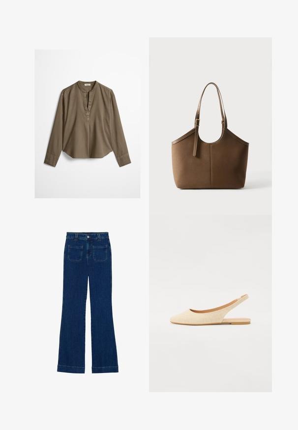 Brun langærmet casual bluse med mandarin-krave, frontplisse og let buet kant, lagt fladt på en hvid baggrund.; Mørkeblå flared jeans i denim med en glat tekstur, fem-lomme design og en knaplukning i taljen.; Beige slingback flade med spids tå, lavet af struktureret stof, med en lav og fleksibel sål og et åbent hældesign.; Brun læder tote taske med justerbar skulderrem og guldfarvet spænde, glat tekstur, vist mod en ensfarvet hvid baggrund.