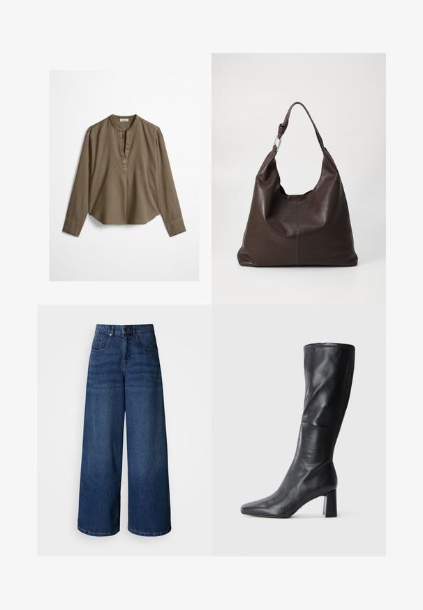 Brun langærmet casual bluse med mandarin-krave, frontplisse og let buet kant, lagt fladt på en hvid baggrund.; Vidbenede mørkeblå cowboybukser med høj talje, forsynet med forlommer og knaplukning, fremstillet af blødt, tekstureret stof.; Sorte læderknæstøvler med spids tå og bred hæl. Glat tekstur med et slankt design og subtile syninger.; Zign by Zalando LEATHER - Shopping bags - chocolate brown