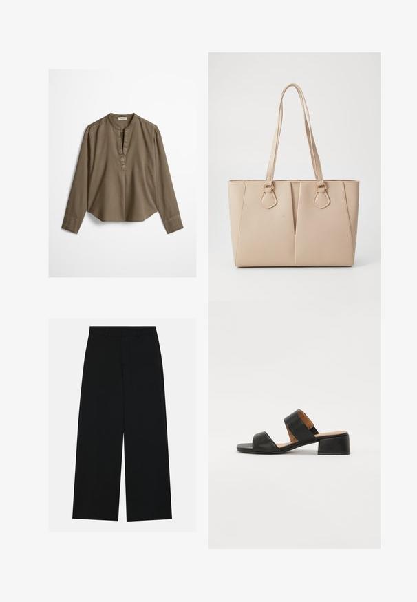 Blusa casual marrón de manga larga con cuello mandarín, pliegue delantero y dobladillo ligeramente curvado, extendida sobre un fondo blanco.; Pantalones negros de pierna ancha hechos de una tela suave. Presentan una cintura plana con pasadores de cinturón y sin bolsillos visibles. Diseño sencillo.; Sandalia de cuero negra con dos correas anchas que cruzan el pie, punta cuadrada y tacón bajo en bloque. Textura suave y diseño minimalista.; Bolso tote beige hecho de cuero sintético texturizado, con asas dobles y adornos en dorado. El diseño incluye un detalle frontal dividido.