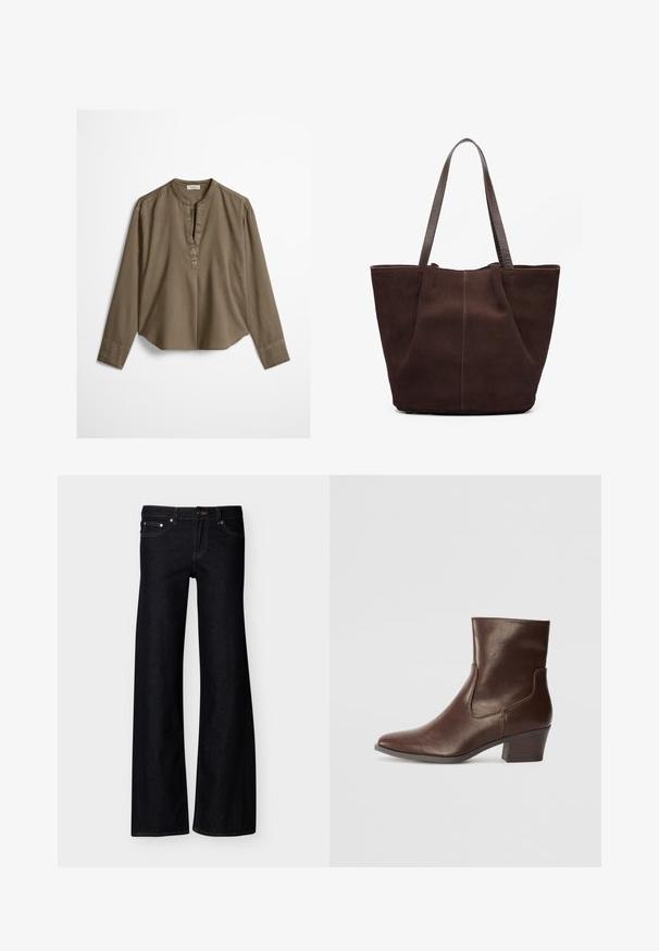Blouse décontractée marron à manches longues avec col mandarin, pli à l'avant et ourlet légèrement arrondi, étalée à plat sur un fond blanc.; Jean denim noir à jambes larges avec poches avant, fermeture par bouton, et coutures apparentes, présenté sur un fond blanc uni.; Bottine en cuir marron à bout pointu, talon moyen bloc et panneaux latéraux élastiques pour un enfilage facile. Texture lisse et design élégant.; Sac fourre-tout en suédine marron avec deux poignées en cuir texturé. Présente un design simple à ouverture supérieure et des coutures discrètes le long de la couture avant.