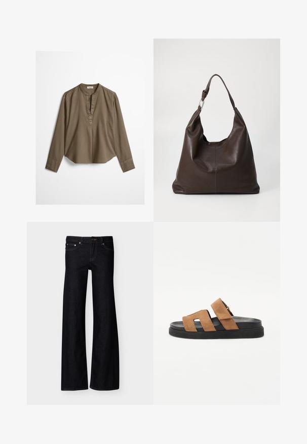 Blouse décontractée marron à manches longues avec col mandarin, pli à l'avant et ourlet légèrement arrondi, étalée à plat sur un fond blanc.; Jean denim noir à jambes larges avec poches avant, fermeture par bouton, et coutures apparentes, présenté sur un fond blanc uni.; Sandales à glissière en suède marron avec deux larges bretelles, une semelle en caoutchouc noir et un design lisse et plat. Caractéristiques minimalistes et orteils ouverts.; Zign LEATHER - Cabas - chocolate brown
