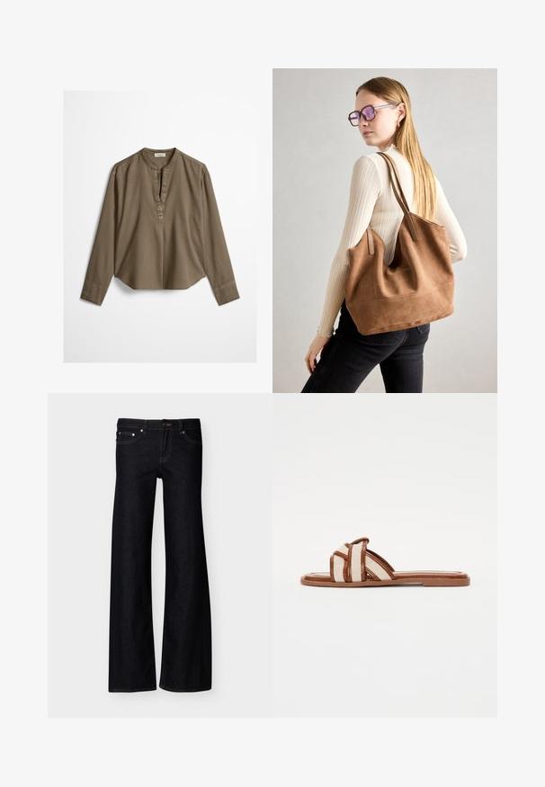 Blouse décontractée marron à manches longues avec col mandarin, pli à l'avant et ourlet légèrement arrondi, étalée à plat sur un fond blanc.; Jean denim noir à jambes larges avec poches avant, fermeture par bouton, et coutures apparentes, présenté sur un fond blanc uni.; Sandales plates brunes avec de larges sangles en tissu tressé, dotées d'une semelle synthétique lisse et d'un design minimaliste.; Sac fourre-tout en daim marron avec une texture douce, grande ouverture et longues sangles. Présente un design simple avec des coutures visibles et sans matériel.