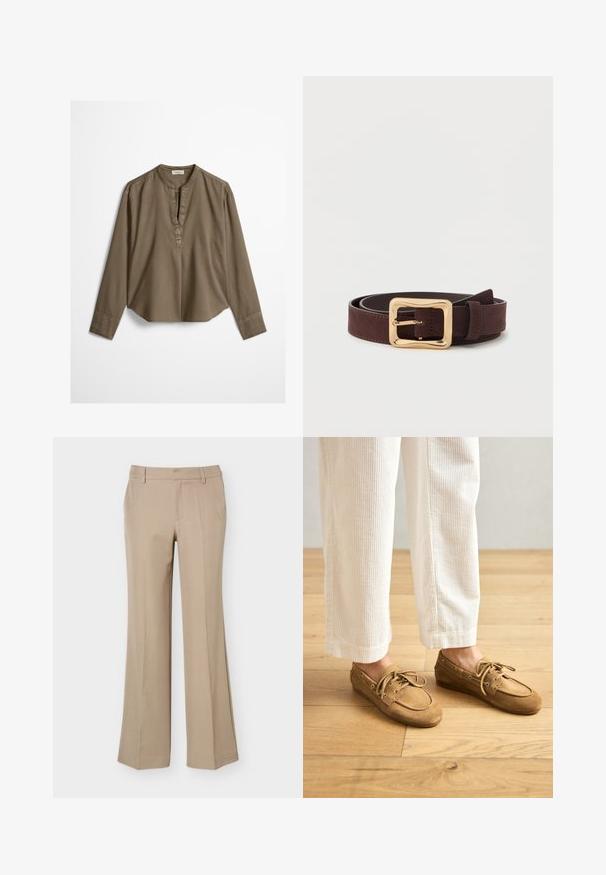 Brun langærmet casual bluse med mandarin-krave, frontplisse og let buet kant, lagt fladt på en hvid baggrund.; Beige damebukser med bæltestropper, frontfold og lige brede ben på en ens hvid baggrund.; Brune ruskinds bådsko med snørebånd, der har en rund tå og syede detaljer. Båret med hvide kordfløjl-bukser i en træagtig indstilling.; Mørkebrunt læderbælte med en bred gylden firkantet spænde, samlet fladt på en hvid overflade.
