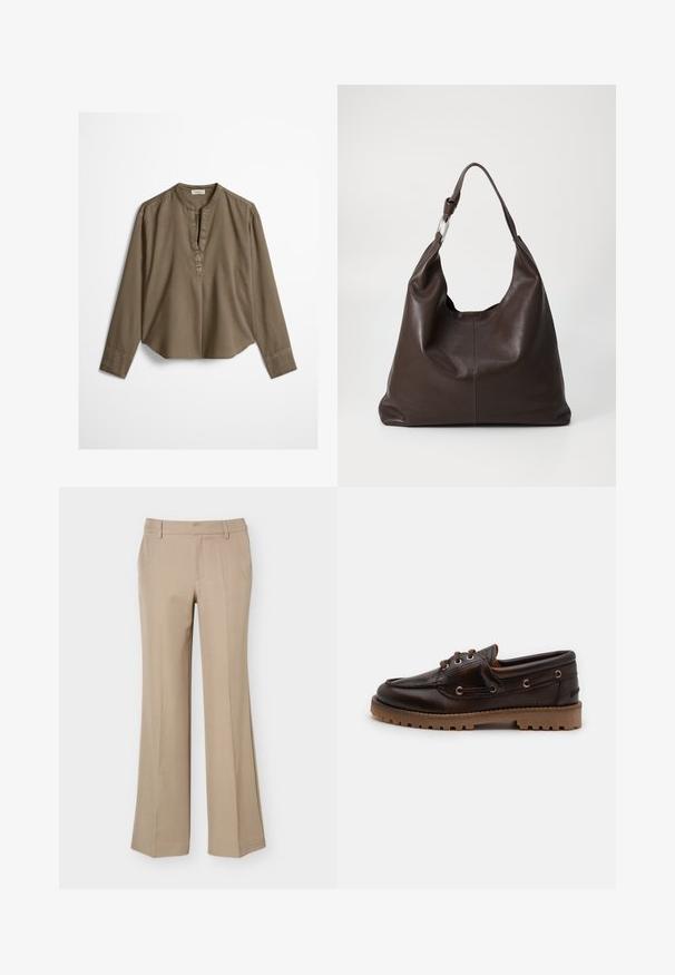 Blouse décontractée marron à manches longues avec col mandarin, pli à l'avant et ourlet légèrement arrondi, étalée à plat sur un fond blanc.; Pantalon beige pour femme avec passants de ceinture, pli devant et coupe droite à jambes larges sur fond blanc uni.; Bateau en cuir marron avec bout arrondi, deux œillets et semelle en caoutchouc texturée. Doté de détails surpiqués et d'une semelle extérieure contrastante couleur tan.; Zign LEATHER - Cabas - chocolate brown