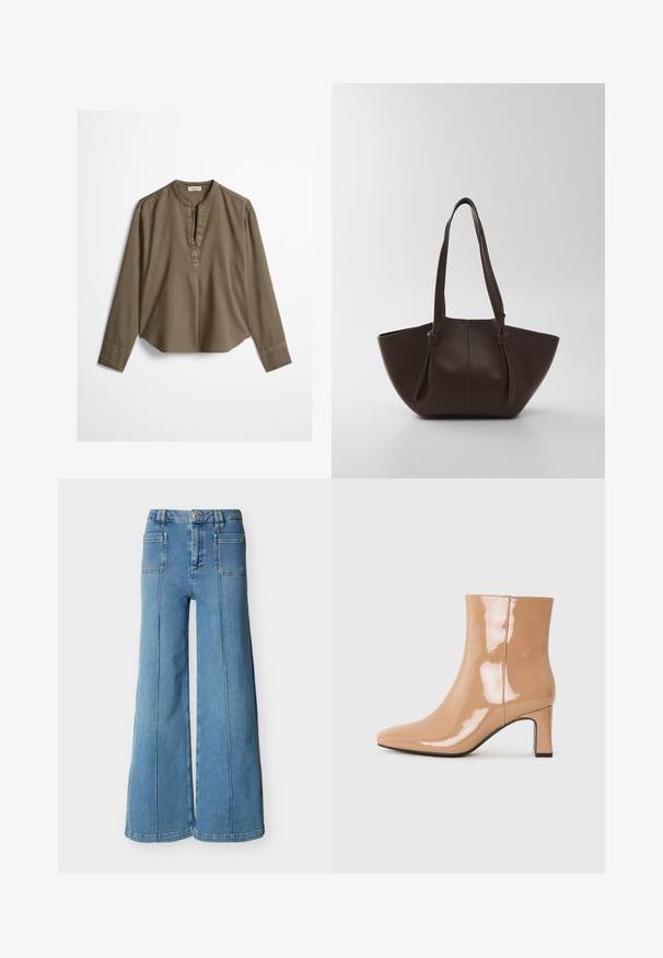 Blouse décontractée marron à manches longues avec col mandarin, pli à l'avant et ourlet légèrement arrondi, étalée à plat sur un fond blanc.; Jean large en denim bleu clair taille haute avec poches plaquées frontales, passants de ceinture, fermeture par bouton et détails de coutures verticales.; Bottes à talon nu patent avec un bout pointu, une finition brillante et un talon bloc de hauteur intermédiaire. Texture lisse et silhouette élégante.; Sac fourre-tout en cuir brun avec une finition texturée, grande ouverture et doubles anses arrondies ; design minimaliste sans quincaillerie visible.