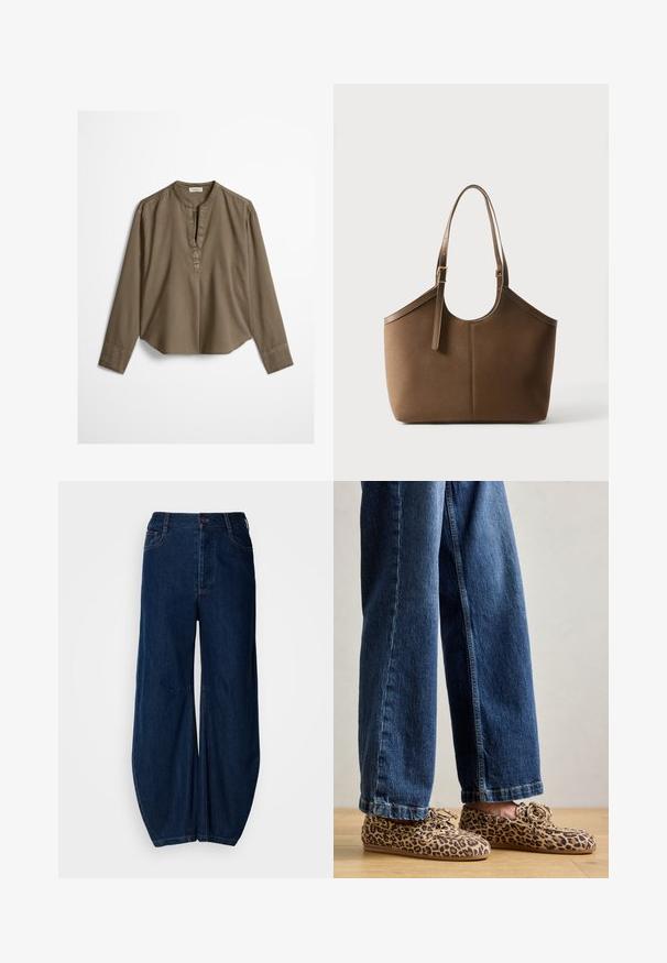 Blouse décontractée marron à manches longues avec col mandarin, pli à l'avant et ourlet légèrement arrondi, étalée à plat sur un fond blanc.; Jean large en denim bleu foncé avec une taille haute, une fermeture à bouton et deux poches avant. Présente une texture lisse et des coutures visibles.; Mocassins en daim à imprimé léopard, avec un bout rond, un laçage, et des semelles plates et flexibles, associés à un jean en denim bleu.; Sac cabas en cuir marron avec bandoulière ajustable et boucle dorée, texture lisse, présenté sur fond blanc uni.