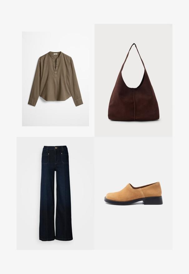 Blouse décontractée marron à manches longues avec col mandarin, pli à l'avant et ourlet légèrement arrondi, étalée à plat sur un fond blanc.; Jean en denim à jambes larges de couleur bleu foncé. Dispose de poches avant, de quincaillerie dorée et de coutures contrastées. Texture lisse avec un design décontracté.; Chaussure à enfiler en daim marron clair avec un petit talon bloc noir et un bout arrondi, vue de profil sur fond blanc.; Sac hobo en daim marron avec une grande ouverture courbée et une large bandoulière. Présente une couture centrée à l'avant. Texture lisse.