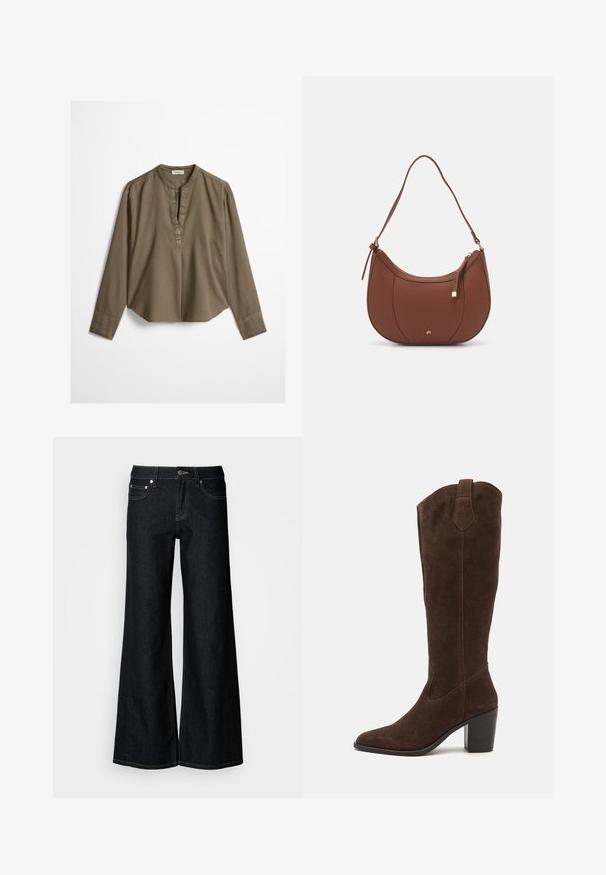 Blouse décontractée marron à manches longues avec col mandarin, pli à l'avant et ourlet légèrement arrondi, étalée à plat sur un fond blanc.; Jean en denim foncé à jambes larges avec une taille haute, un design à cinq poches et une couture contrastée jaune le long des coutures.; Anna Field LEATHER - Bottes à talons hauts - brown; Sac à épaule en faux cuir brun, de forme arrondie, avec des coutures minimales et un accent en matériel doré. Il possède une fermeture zippée sur le dessus et une sangle réglable.