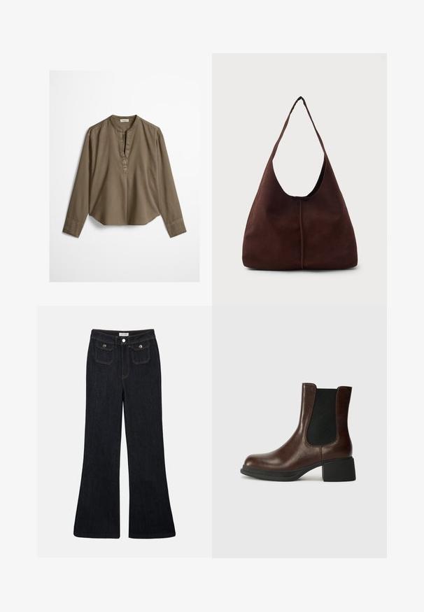 Brun langærmet casual bluse med mandarin-krave, frontplisse og let buet kant, lagt fladt på en hvid baggrund.; Sorte denim jeans med høj talje, flared ben, to frontlommer og orange syninger. Materialet ser solidt og glat ud.; Brune læder ankelstøvle med rund tå, elastisk sidepanel og en kraftig sort hæl. Glat tekstur med minimalistisk design.; Brun suedette hobo taske med en stor, buet åbning og en bred skulderrem. Har en centreret søm på forsiden. Glat tekstur.