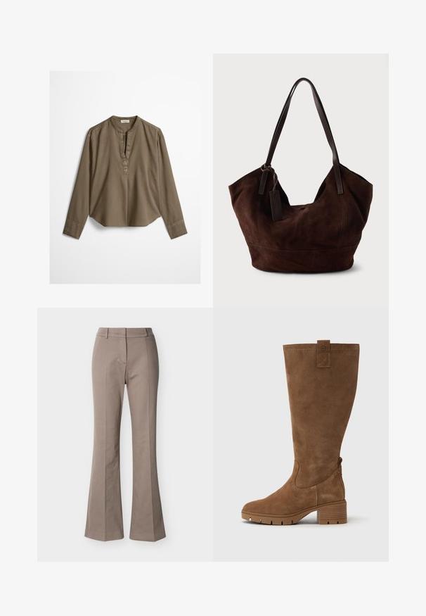 Braune, langärmelige, legere Bluse mit Stehkragen, vorderer Falte und leicht gewölbtem Saum, flach auf weißem Hintergrund ausgebreitet.; Beige High-Waist-Hosen mit weitem Bein, vorderen Nahtdetails, Gürtelschlaufen und einem verdeckten vorderen Verschluss, auf weißem Hintergrund dargestellt.; Tamaris Stiefel - brown; Braune Wildleder-Handtasche mit einer weichen, lässigen Form. Verfügt über Ledergriffe und einen Etikettenakzent. Schlichte Textur mit geschwungenen Nähten.