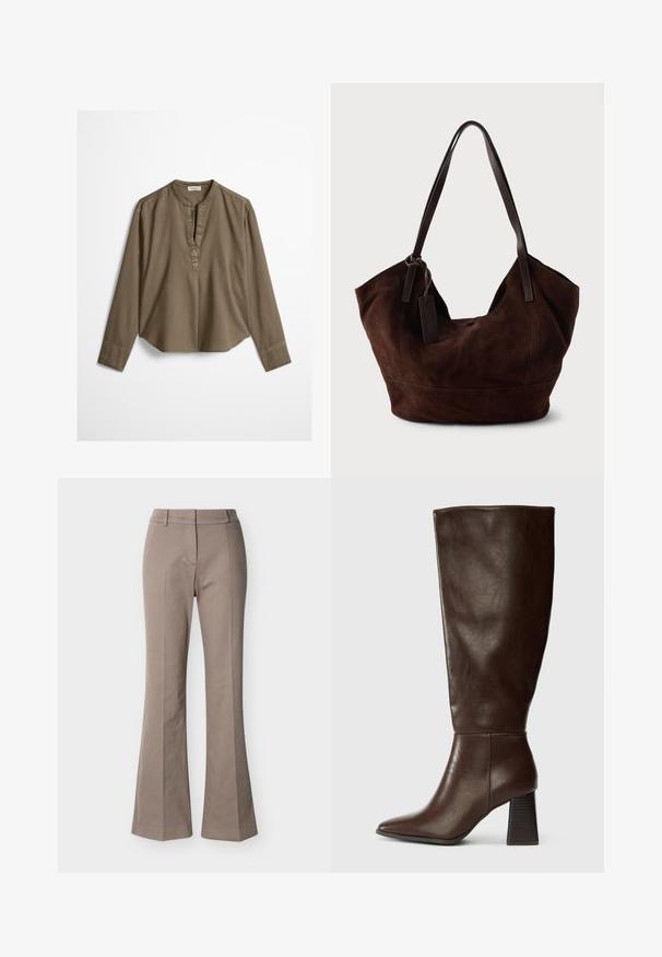 Blouse décontractée marron à manches longues avec col mandarin, pli à l'avant et ourlet légèrement arrondi, étalée à plat sur un fond blanc.; Pantalon beige taille haute à jambes larges, avec détails de couture à l'avant, passants de ceinture et fermeture frontale cachée, présenté sur un fond blanc.; Botte en cuir marron hauteur genou avec un bout pointu et un talon texturé épais. Fini lisse avec des détails de couture minimaux.; Handbag en cuir suédé marron avec une forme douce et souple. Doté de poignées en cuir et d'une étiquette décorative. Texture plain avec des coutures courbes.