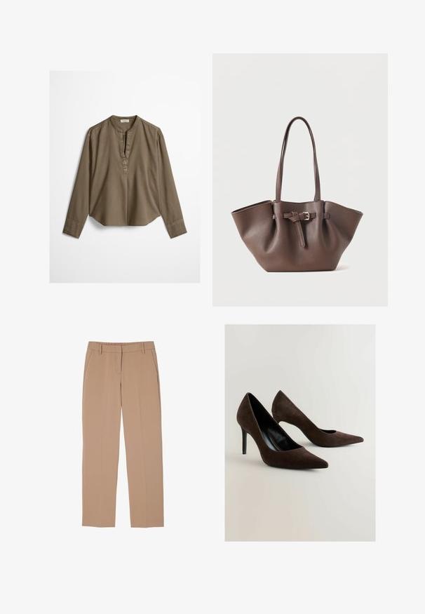 Brun langærmet casual bluse med mandarin-krave, frontplisse og let buet kant, lagt fladt på en hvid baggrund.; Beige skræddersyede bukser med lige ben, der har sidelommer og et glat, struktureret stof. Flad front i taljebåndet.; Brune ruskinds højhælede sko med spidse tådesign, der har en slank silhuet og en tynd stilettohæl. Glat inderside.; Brun lædertaske med lange håndtag og en dekorativ spænde-rem foran, vist mod en ensartet hvid baggrund.