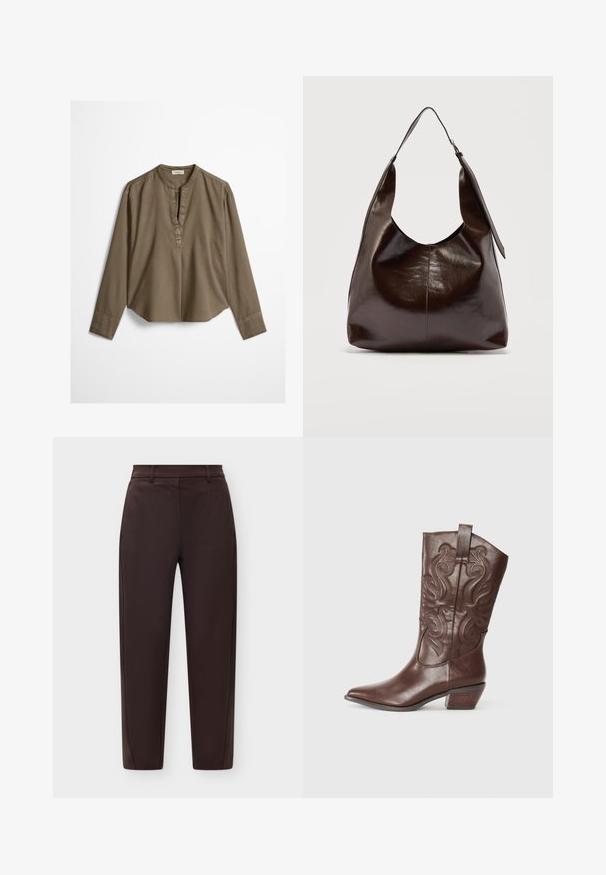 Brun langærmet casual bluse med mandarin-krave, frontplisse og let buet kant, lagt fladt på en hvid baggrund.; Mørkebrune skræddersyede bukser med bæltestropper, sidelommer og lige ben på en ensfarvet lys baggrund.; Brune læder cowboystøvle med spids tå, dekorativ syning på skaftet og en lav stablet hæl. Glat tekstur med en poleret overflade.; Mørkebrunt, skinnende læder skuldertaske med en enkelt bred rem og spændedetalje på den ene side, sat mod en ensartet lys baggrund.