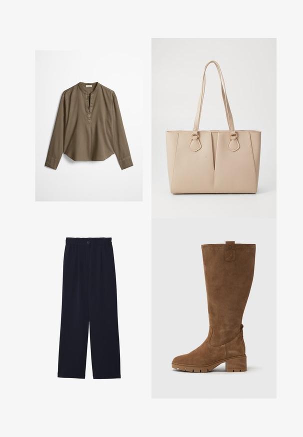 Bruine casual blouse met lange mouwen, mandarijnkraag, plooitje aan de voorkant en licht gebogen zoom, plat uitgestald op een witte achtergrond.; Marineblauwe wijde broek met een gladde textuur, elastische tailleband, enkele plooien aan de voorkant en een knoopsluiting in de taille.; Tamaris Laarzen - brown; Beige draagtas gemaakt van textuur kunstleer, met dubbele handgrepen en gouden hardware accenten. Het ontwerp heeft een gesplitst voorkantdetail.