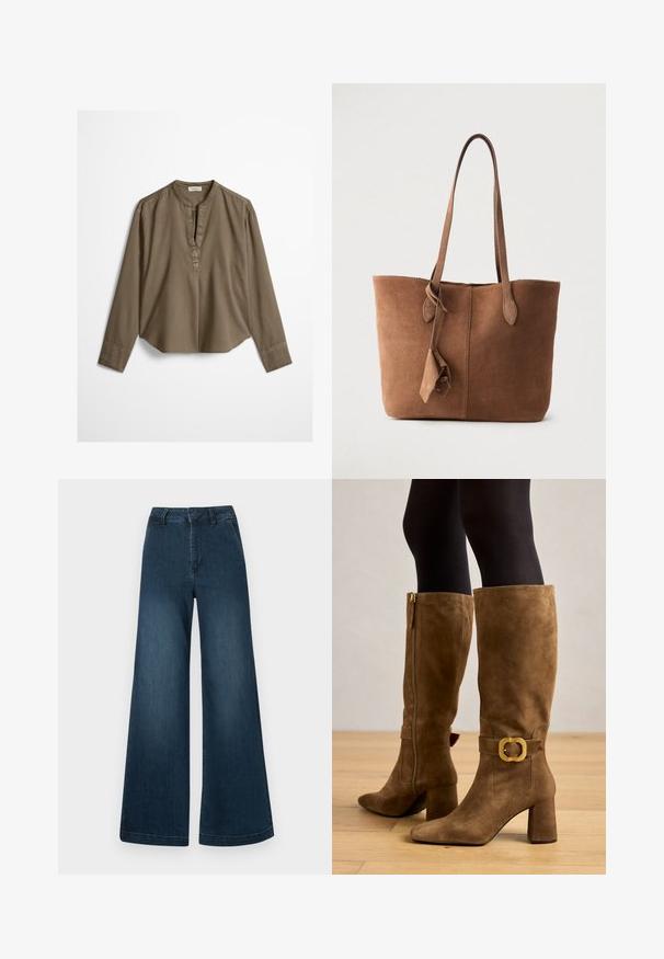 Brun langærmet casual bluse med mandarin-krave, frontplisse og let buet kant, lagt fladt på en hvid baggrund.; Mørkeblå høj talje brede ben denim jeans med forlommer og bæltestropper på en hvid baggrund.; Knæhøje brune ruskindsstøvler med en firkantet guldbuckle, kraftig hæl og spids tå, som har en lynlås i siden for nem påtagning.; Brun ruskinds-tote taske med to skulderremme, et enkelt design og en frynse-detalje på siden. Glat tekstur og struktureret form.