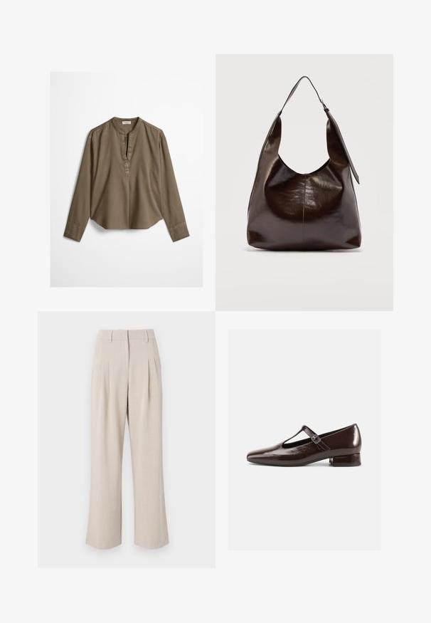 Brun langærmet casual bluse med mandarin-krave, frontplisse og let buet kant, lagt fladt på en hvid baggrund.; Beige viddebukser med høj talje, der har frontfolder, en glat tekstur og en skræddersyet design. Ingen synlige lommer eller udsmykninger.; Brune Mary Jane-sko i laklæder med en rundet tå, udskæringsdesign og justerbar rem. Lav blokhæl.; Mørkebrunt, skinnende læder skuldertaske med en enkelt bred rem og spændedetalje på den ene side, sat mod en ensartet lys baggrund.
