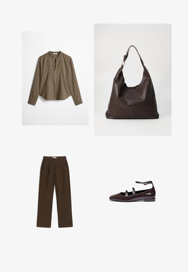 Blouse décontractée marron à manches longues avec col mandarin, pli à l'avant et ourlet légèrement arrondi, étalée à plat sur un fond blanc.; Pantalon droit marron texturé avec plis à l'avant, poches latérales, fermeture par bouton, et taille avec passants pour ceinture.; Ballerines en cuir verni marron avec un bout pointu, présentant deux sangles réglables et des boucles en argent, ainsi qu'un petit talon carré.; Zign by Zalando LEATHER - Cabas - chocolate brown