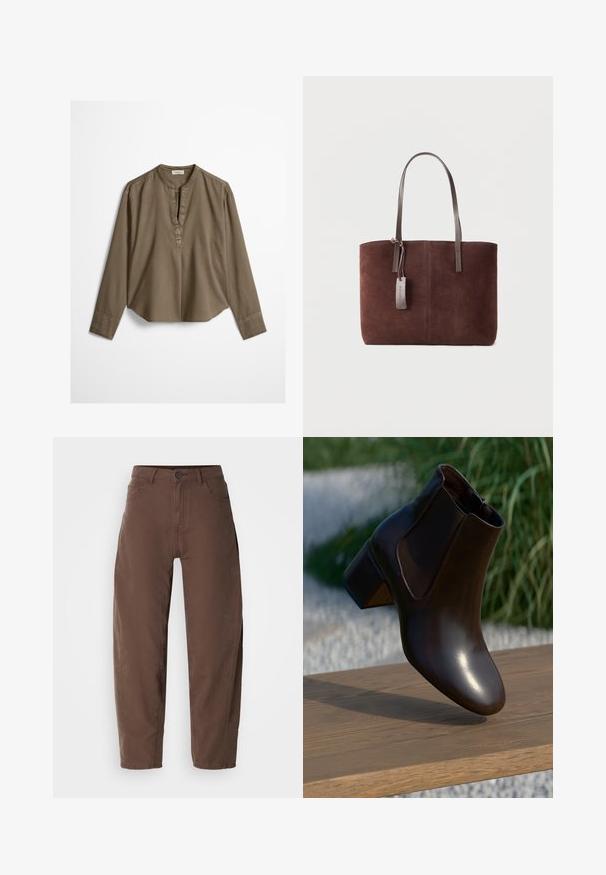 Blouse décontractée marron à manches longues avec col mandarin, pli à l'avant et ourlet légèrement arrondi, étalée à plat sur un fond blanc.; Pantalons marron à jambes droites avec bouton avant et fermeture éclair, passants de ceinture et poches latérales, présentés sur un fond blanc.; Bottine en cuir marron avec un bout rond et un petit talon block, dotée de panneaux latéraux élastiques et d'une finition lisse et brillante.; Sac fourre-tout en daim marron avec des anses en cuir foncé et une petite étiquette en cuir attachée sur un fond clair uni.